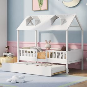 Twin Size House Bed Wood Bed with Twin Size Trundle (Color: White)