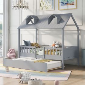 Twin Size House Bed Wood Bed with Twin Size Trundle (Color: Gray)