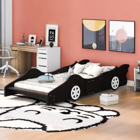 Twin Size Race Car-Shaped Platform Bed with Wheels (Color: Black)