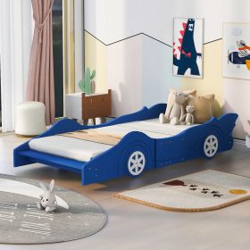 Twin Size Race Car-Shaped Platform Bed with Wheels (Color: Blue)