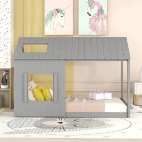 Twin Size House Bed with Roof and Window (Color: Grey)